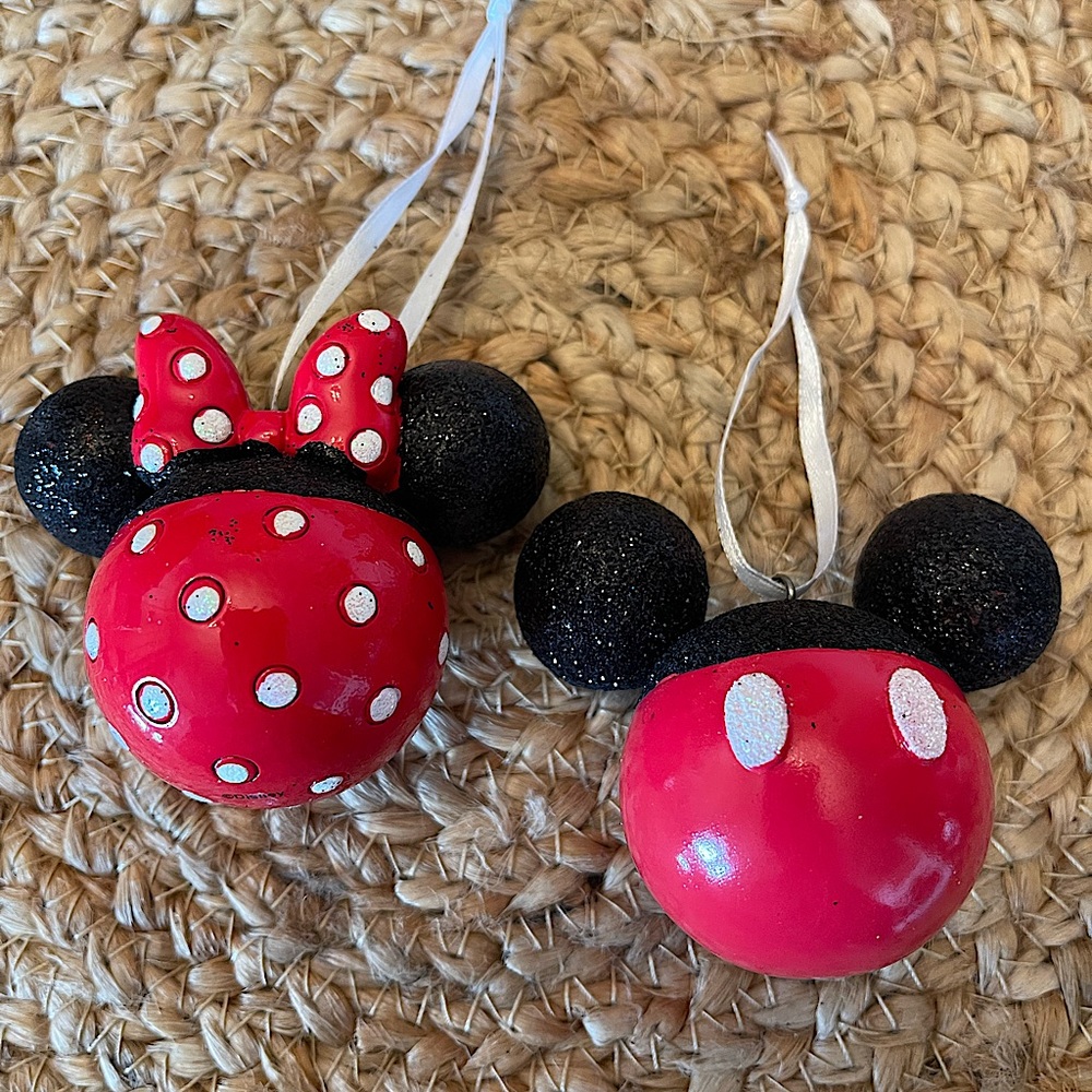 Disney Minnie & Mickey Ornament Set Heavy Sparkle Hallmark Christmas Holiday